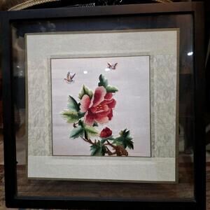 Vtg Chiyo’s Floating Framed Japanese Bunka Needlecraft Pink Floral Composition